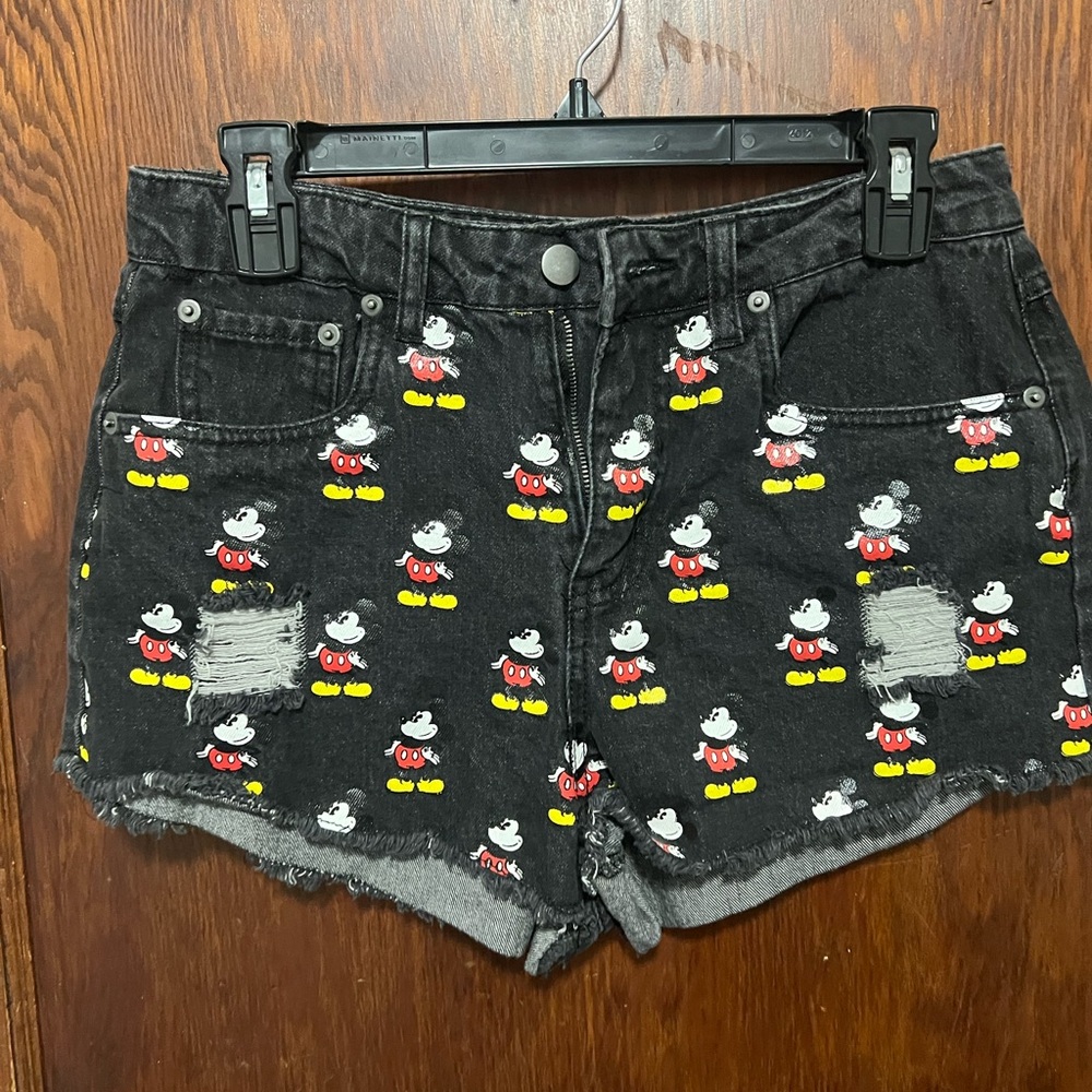 Disney Women's Black Denim Shorts with Mickey Mouse Print